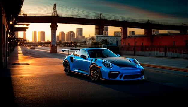 Una porsche 911 gt3 blu è in viaggio al tramonto