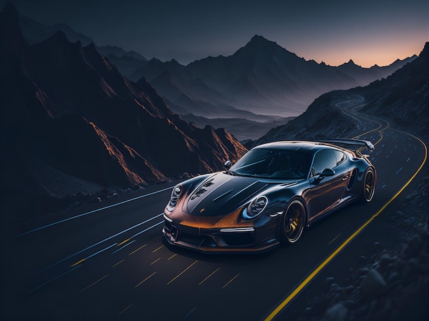 Una porsche nera con una striscia nera percorre una strada di montagna.