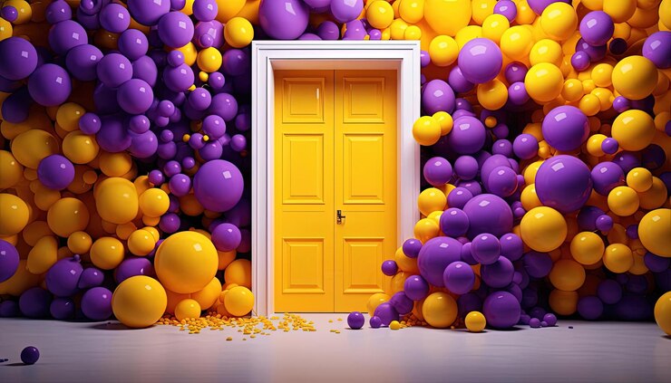Foto una porta aperta con palle colorate che ne escono nello stile del pop giocoso