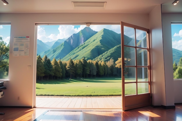 Una porta aperta su un campo e le montagne sono visibili.