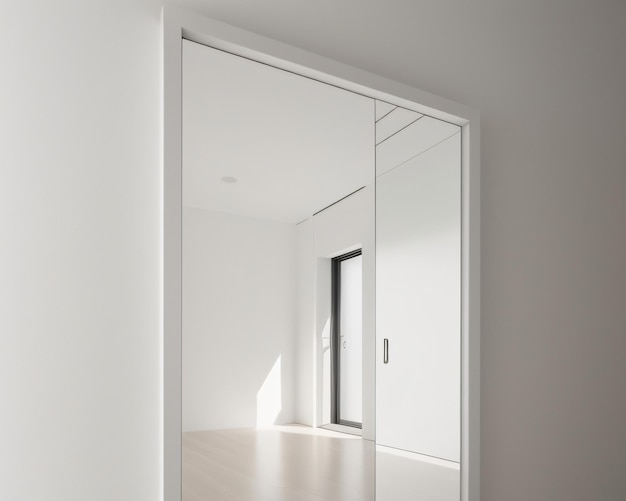 Una porta bianca aperta su una stanza con una porta che dice "uscita".