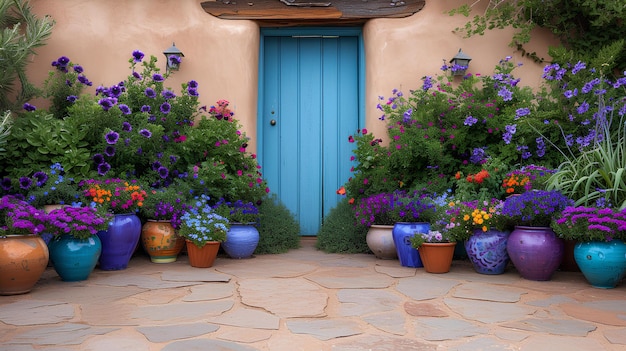 Una porta blu circondata da un mazzo di fiori e piante in vasi su un patio in pietra con una pietra w