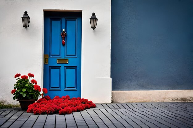 una porta blu con fiori rossi davanti