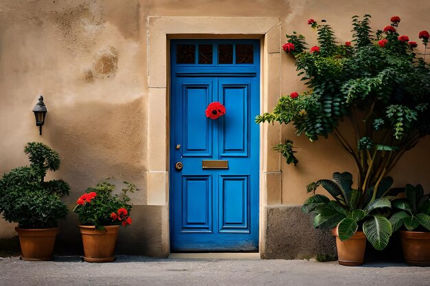 Una porta blu con sopra un fiore rosso