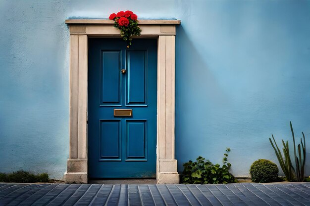 Una porta blu con sopra un fiore rosso