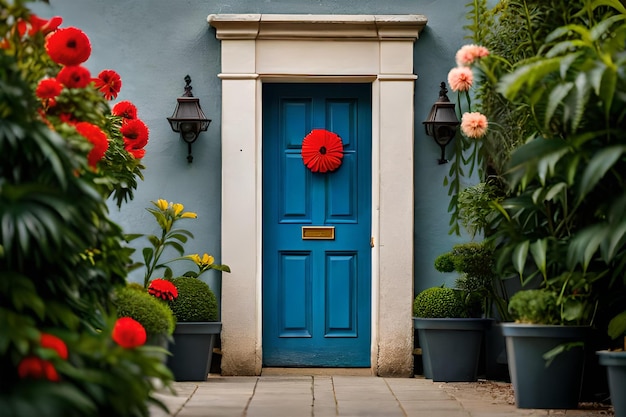 una porta blu con sopra un fiore rosso