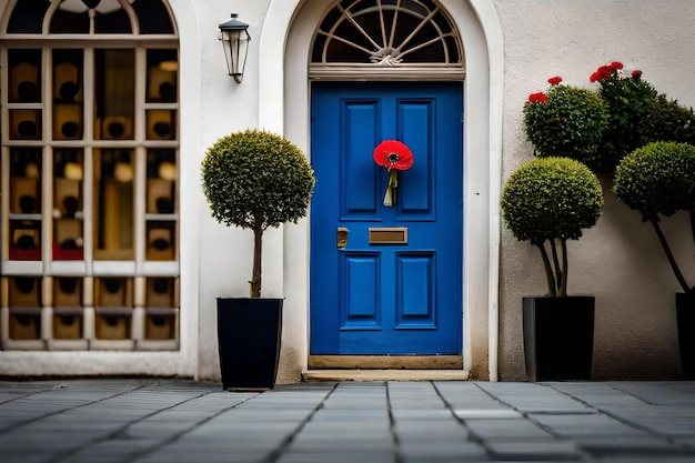 una porta blu con sopra un fiore rosso