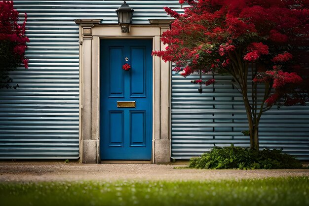 Una porta blu con sopra una ghirlanda rossa