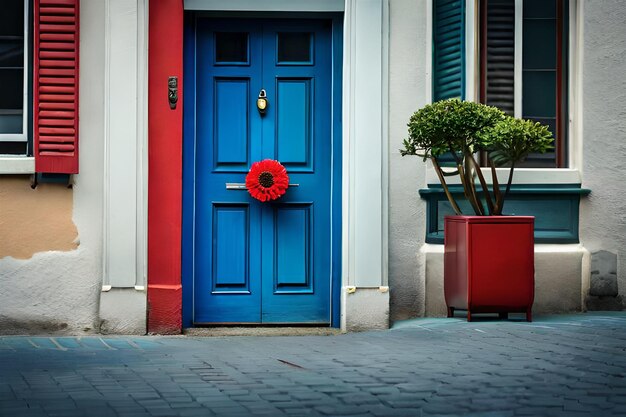 Una porta blu con sopra una ghirlanda rossa