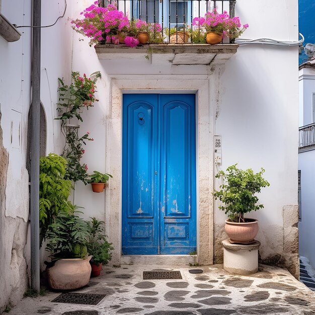 Una porta blu con sopra una pianta in vaso