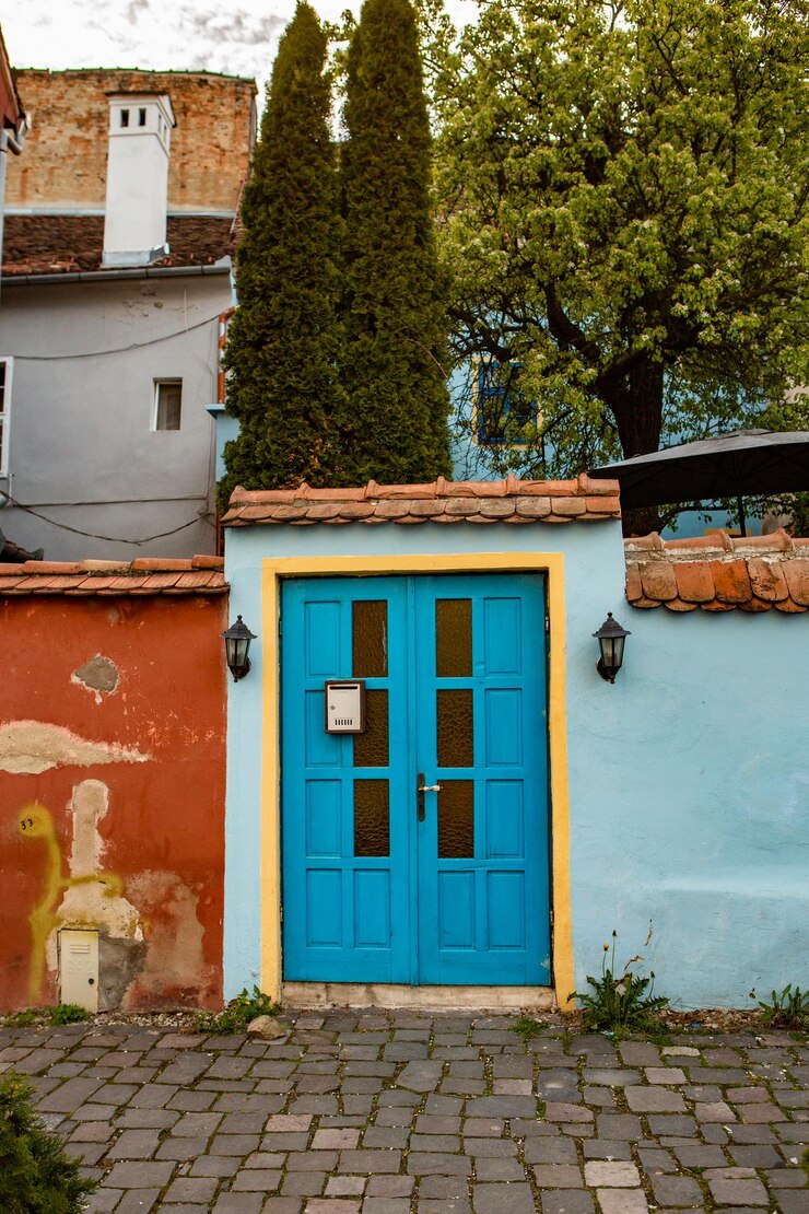 Foto una porta blu con un cartello che dice "la parola " sopra.