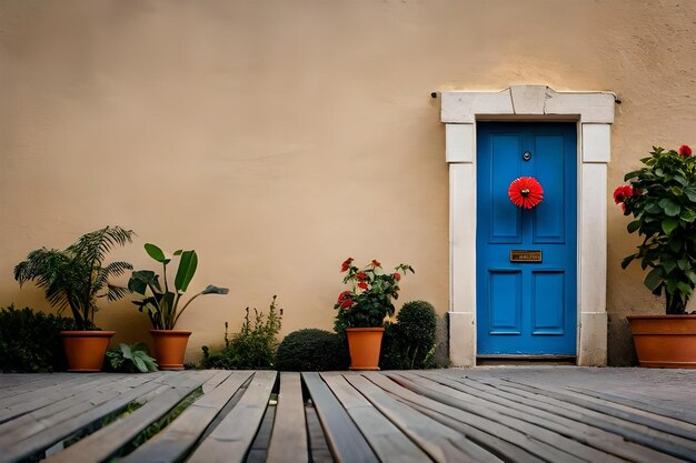 una porta blu con un cuore rosso sul davanti.