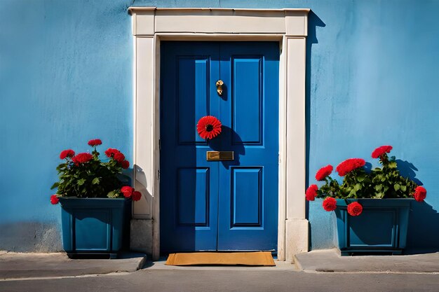 una porta blu con un fiore rosso al centro