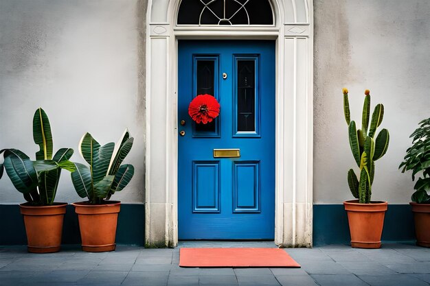 una porta blu con un fiore rosso appeso sopra