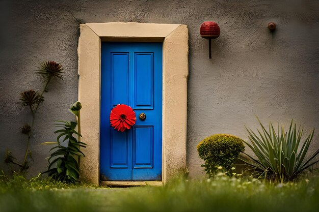 una porta blu con un fiore rosso davanti