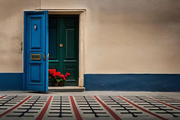 una porta blu con un fiore rosso davanti