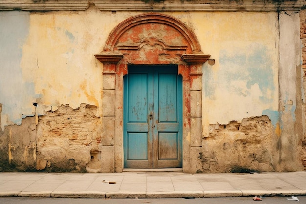 una porta blu con una croce dorata in alto.