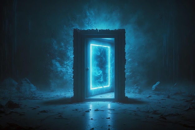 Una porta blu con una luce incandescente in alto