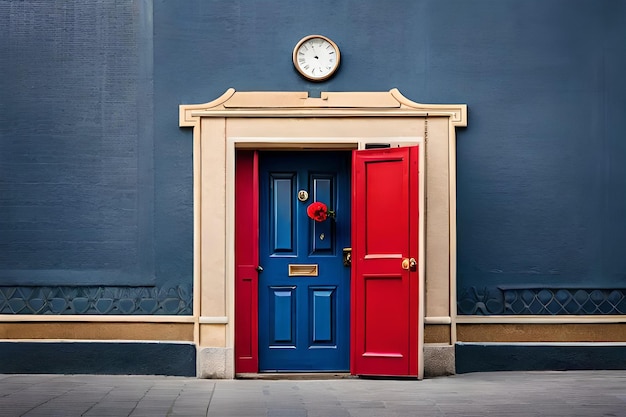 una porta blu con una porta rossa e blu e un orologio sopra.