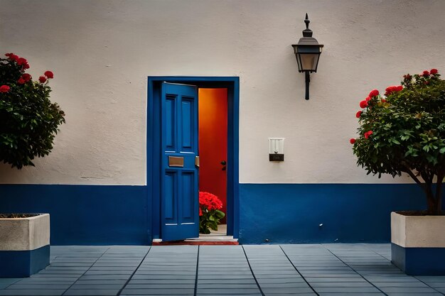 una porta blu con una porta rossa e una lampada sopra