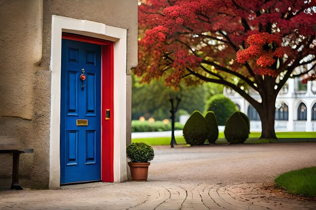 una porta blu con una porta rossa e una pianta in vaso sul davanti.