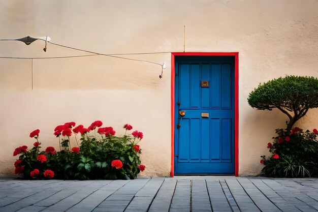 Una porta blu con una porta rossa e una porta rossa.