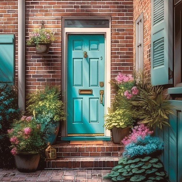 Una porta blu con una porta verde e una pianta in vaso davanti.