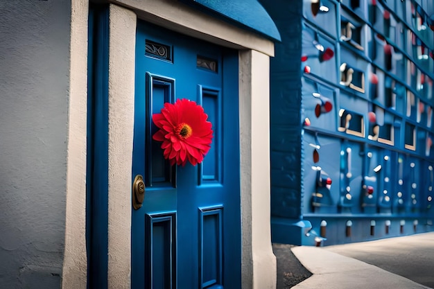 una porta blu da cui pende un fiore rosso.