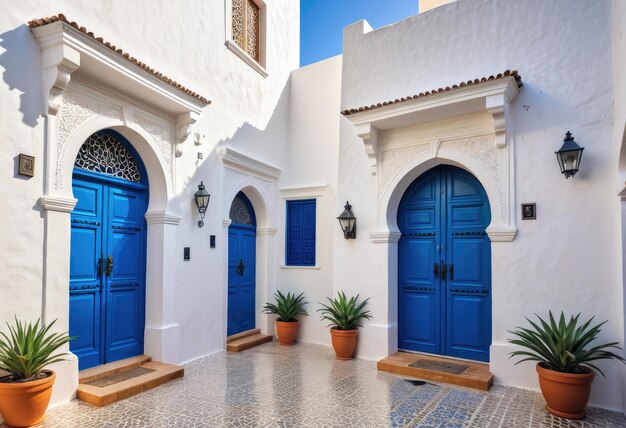 una porta blu è aperta a un edificio con una porta blu