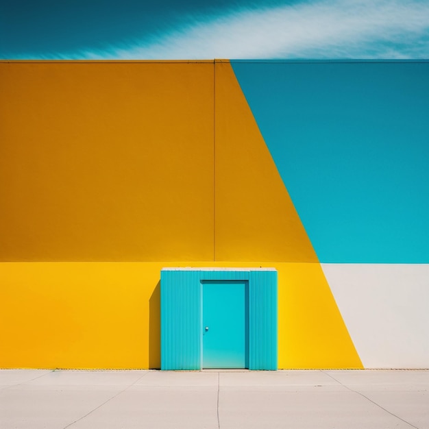 Una porta blu è su un muro giallo e blu.