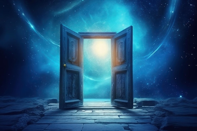 Una porta blu si apre in un cielo stellato e una distanza stellata nello stile del barocco sci-fi Generative AI