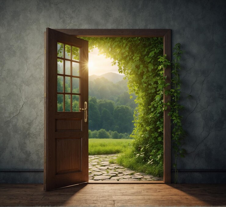 una porta con il sole che splende attraverso di essa