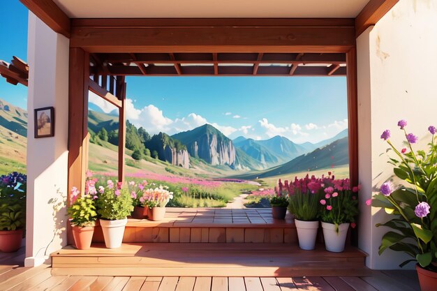 Una porta con vista su montagne e fiori