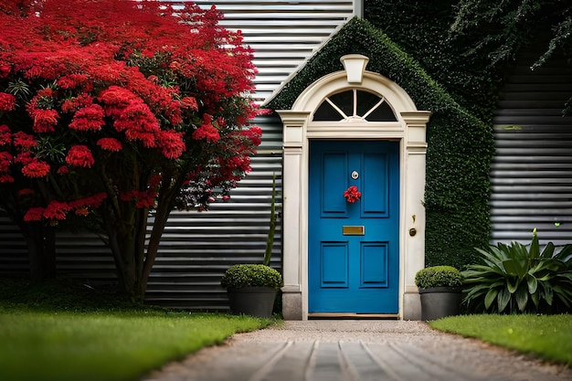 una porta d'ingresso blu con sopra una ghirlanda rossa