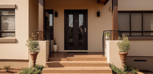 Una porta d'ingresso con ringhiera in pietra e un balcone con ringhiera in pietra.