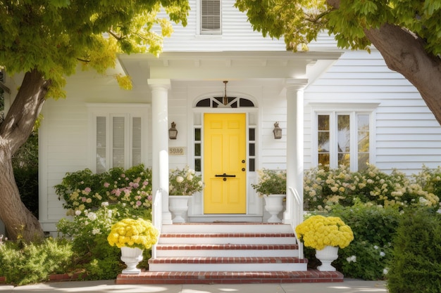 Una porta d'ingresso di colore bianco è completata da un esterno dipinto di giallo della casa