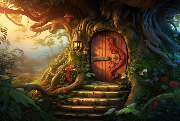 una porta da favola conduce attraverso la foresta nello stile di un'arte fantasy dettagliata