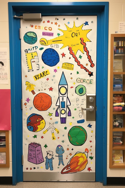 Una porta dell'aula per bambini decorata con un messaggio di bentornato