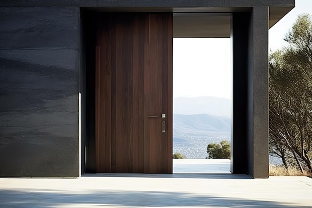 Una porta di una casa con le montagne sullo sfondo