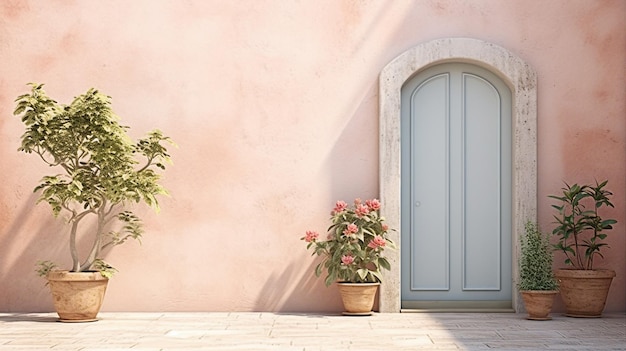 una porta di una casa con un muro rosa e fiori