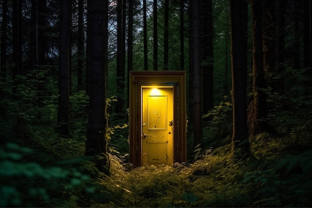 una porta è illuminata nel buio del bosco