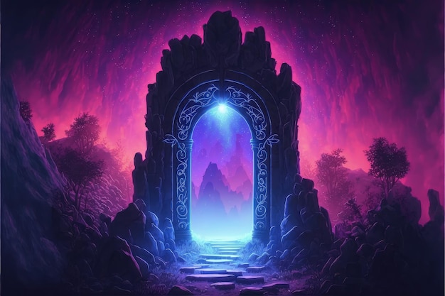 Una porta illuminata in un regno oscuro Concetto di fantasia Pittura illustrativa AI generativa