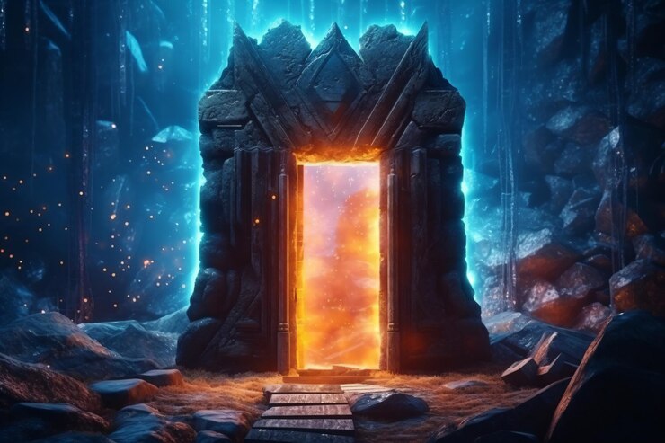 Foto una porta in una grotta con un fuoco dentro