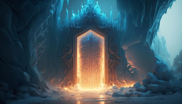 Una porta in una grotta di ghiaccio ghiacciata con una luce incandescente.