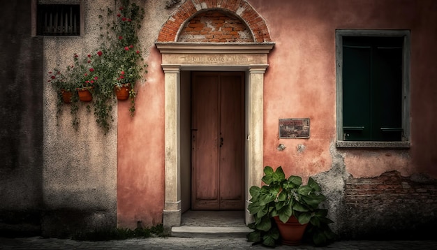 Una porta in una parete rosa con accanto una fioriera.