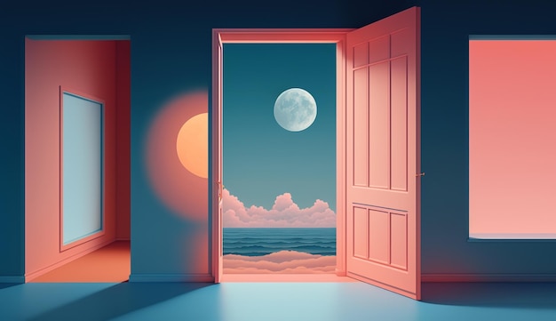 Una porta rosa con la luna sullo sfondo