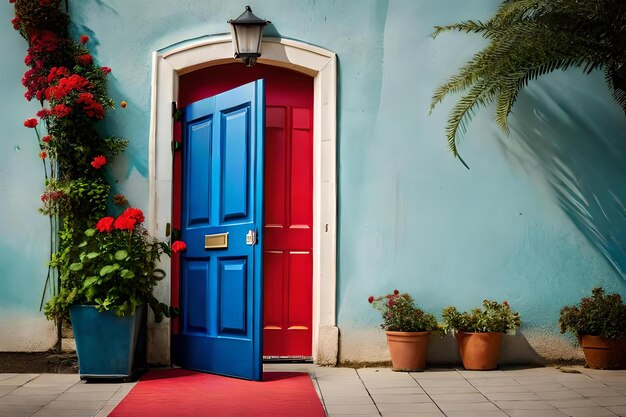 una porta rossa con una porta blu e piante in vaso davanti.