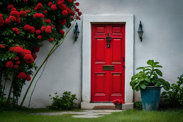una porta rossa con una porta rossa e una pianta in vaso davanti.