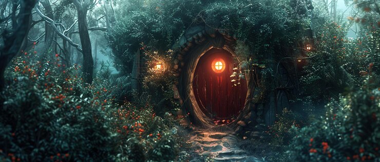 Una porta rossa è nel mezzo di una foresta immaginaria