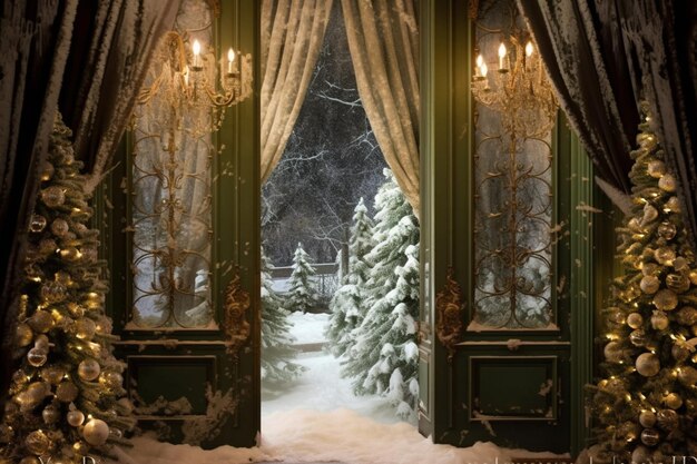 Una porta su una scena innevata con un albero in primo piano e una finestra coperta di neve con la scritta "inverno" in alto.